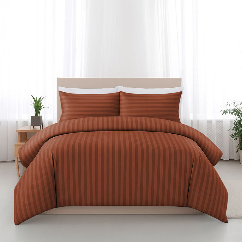 Haffa Microfiber Striped Duvet Cover Set with Pillowcases Included, Rust, Double Duvet Cover + 2 Standard Pillowcases