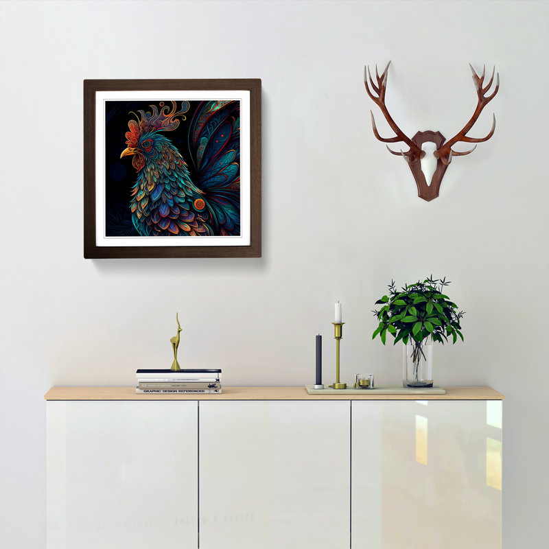 Rooster Paisley - Single Picture Frame Print on Wood, Walnut