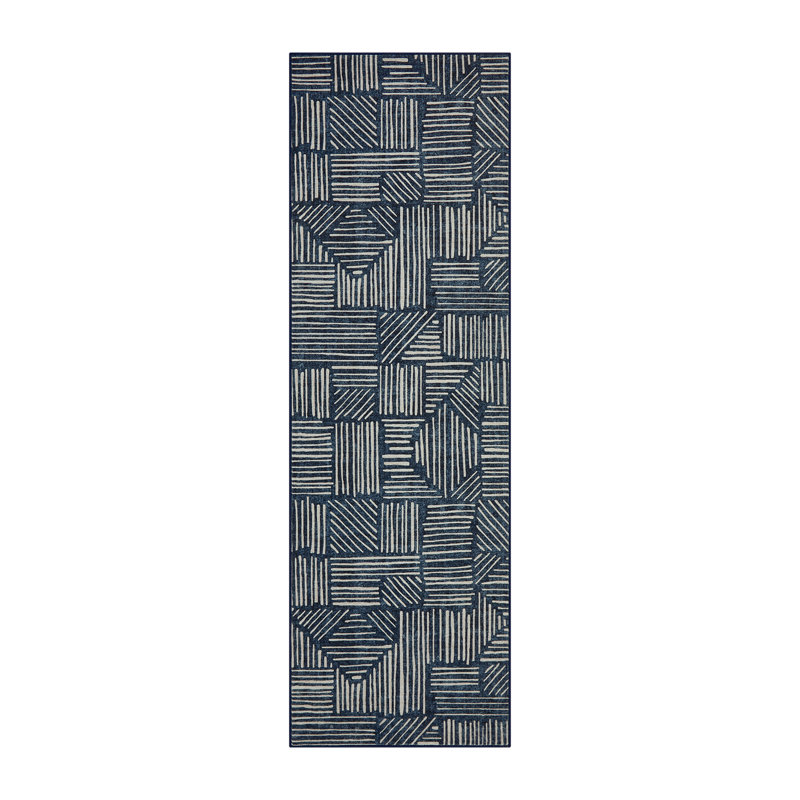 Tapis géométrique abstrait moderne lavable à la machine, tapis doux antidérapant à poils courts, Bleu, 2 x 6 pi