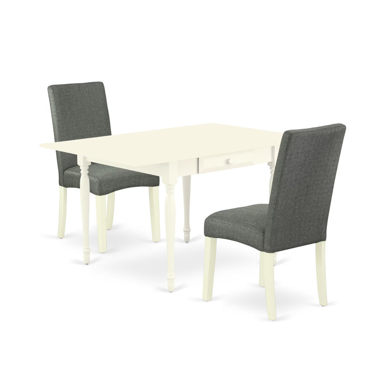 3 Piece Kitchen Table & Chairs Set Contains a Rectangle Dining Room Table with Dropleaf and 2 Gray Linen Fabric Parsons Chairs, Linen White