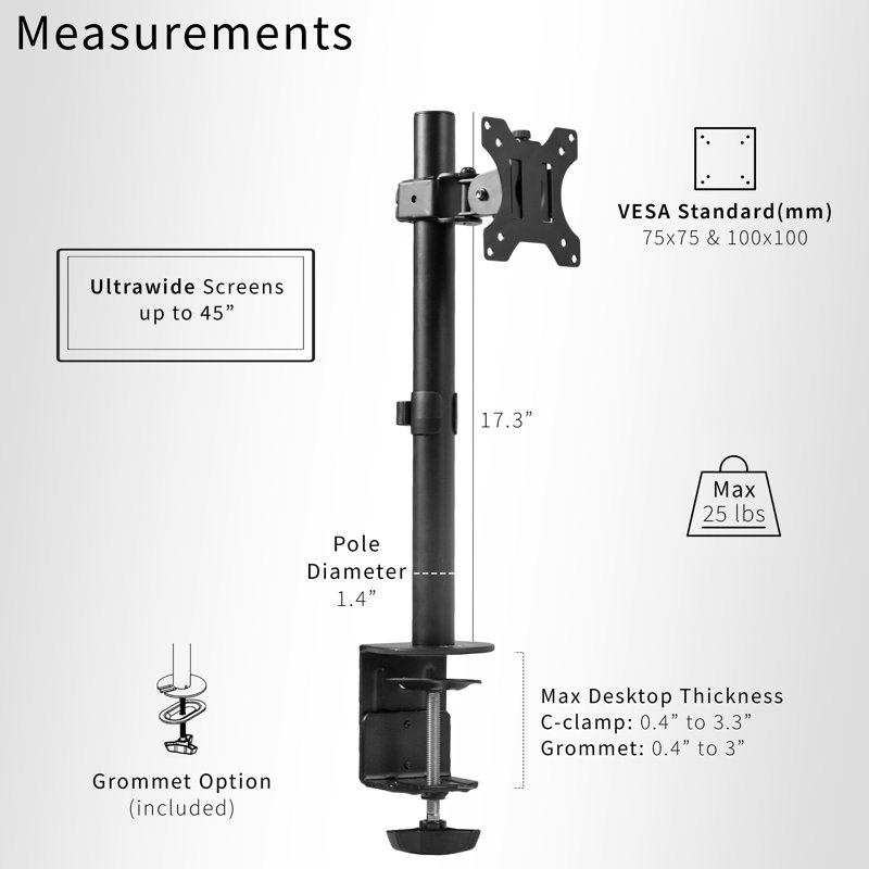 Black Adjustable Ultrawide Monitor Desk Mount with C-Clamp