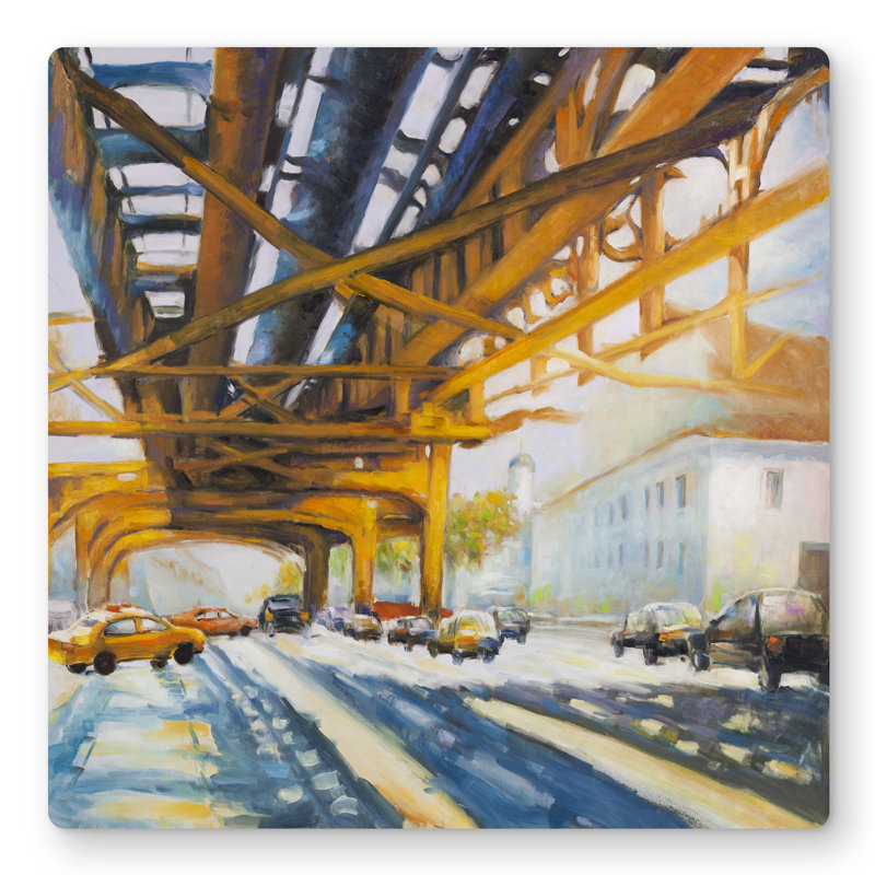 Trafic under the bridge - Yellow Car Metal Print for Home Decor, 16" H x 16" W