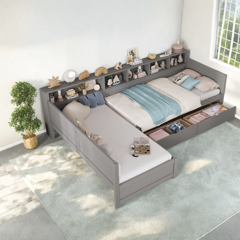 Lits modernes en bois en forme de L avec tiroirs de rangement pour la maison