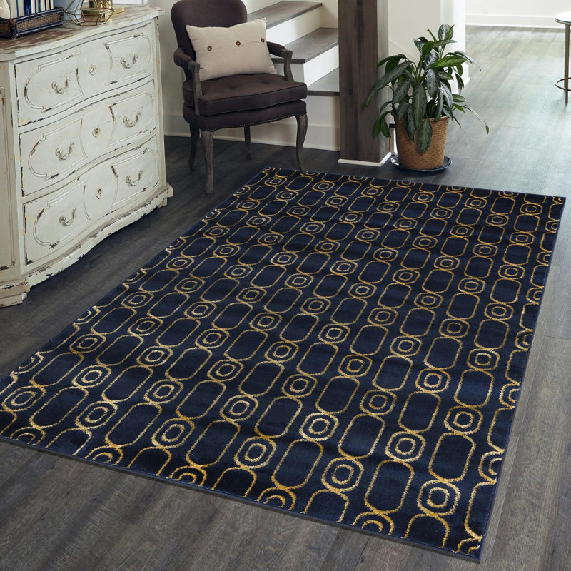 Latitude Run® Column Novica Rug Navy Blue and Gold, Rectangle 6'1" x 9'