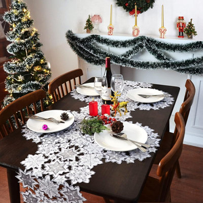Silver Grey And White Snowflakes Table Runner For Christmas Holiday Or Winter (13.5 × 70 Inches)