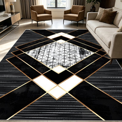 1PC Modern Geometric Art Deco Black Gold area rugs for Living Room, Soft and Comfortable, Suitable for all seasons, easy-to-maintain, machine washable Indoor floor mat, Under Table Farmhouse suitable for Dining Table, Bedroom, Entryway, Home Office,