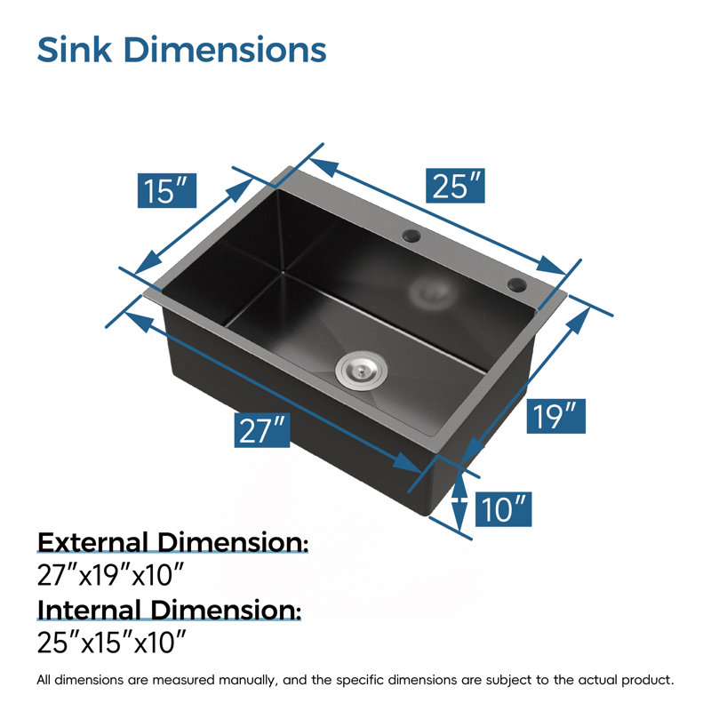 27" Single Bowl Stainless Steel Kitchen Sink Overmount Handmade Sink, Matte Black