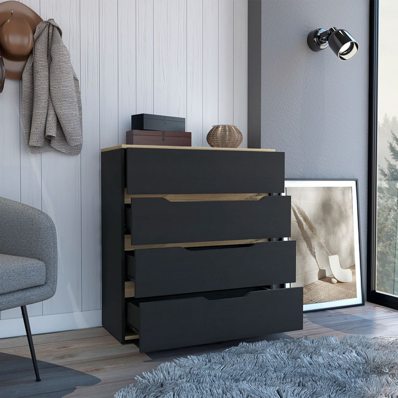 Commode à tiroir H 35 po, quatre tiroirs, plateau supérieur, noir / chêne clair, Noir / brun