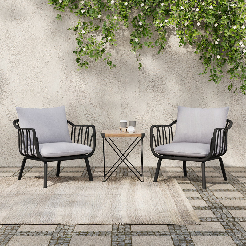 Huron Outdoor Patio PP Club Chair, White Finish With Brown Cushion, Set Of 2, Gray Cushion/Black Frame