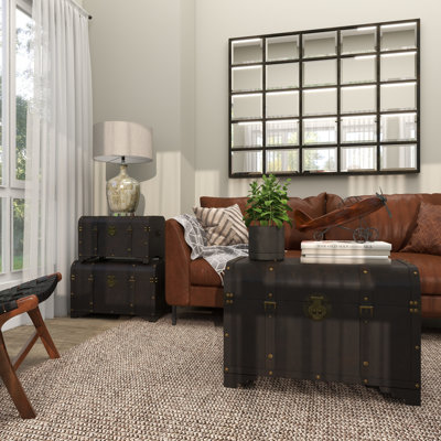 Dark Brown Burks Wooden Nesting Upholstered Decorative Trunk with Vintage Accents and Studs Set