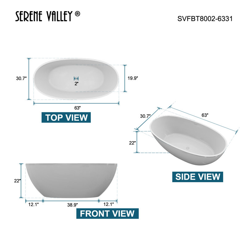 63'' x 30.7'' Soaking Solid Surface Bathtub