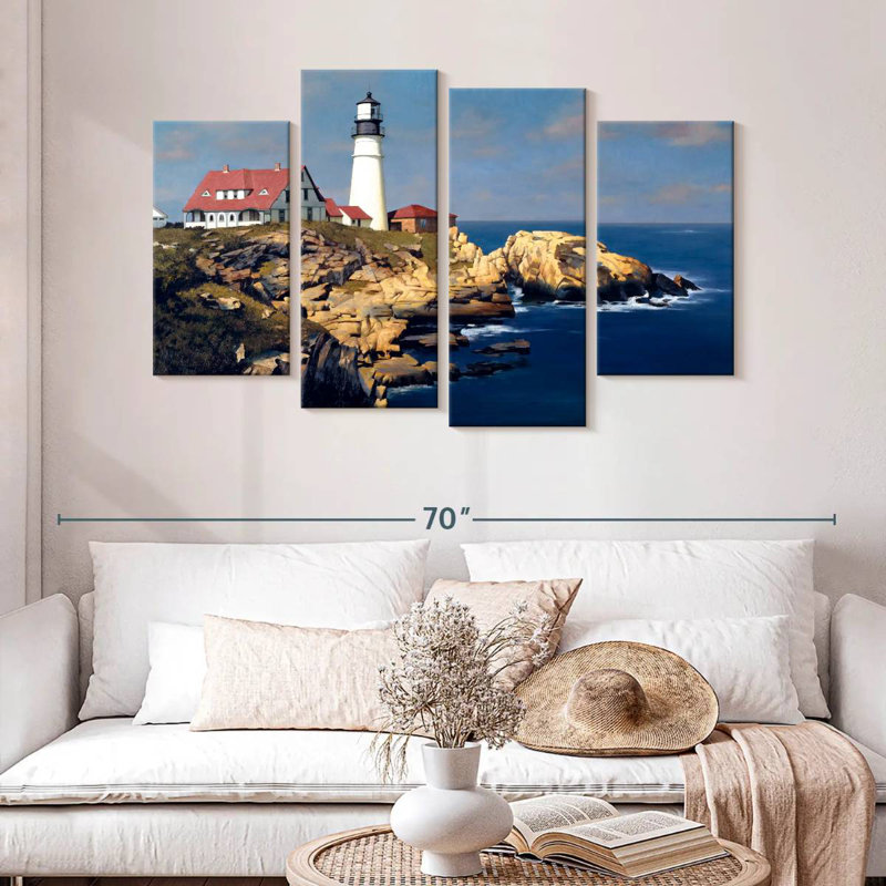 Coastal lighthouse with red houses Aletra, H 32 po x l 52 po