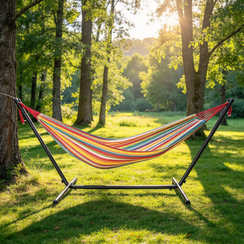 Double Cotton Hammock with Space-Saving Steel Stand and Carrying Bag