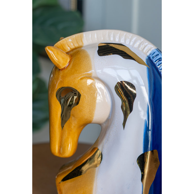 Ceramic Horse Head Sculpture with Abstract Multicolored Finish