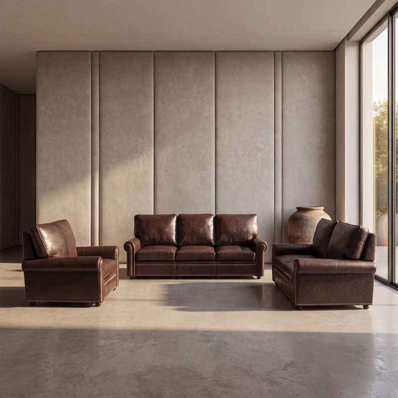 Canapé classique en cuir Chesterfield, 3 Pcs: Chair, Loveseat, Sofa, Brown