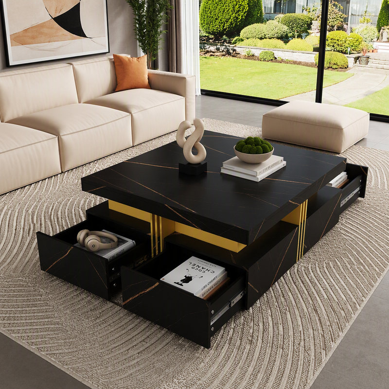 Table basse moderne carrée avec rangement à 4 tiroirs, Black/White