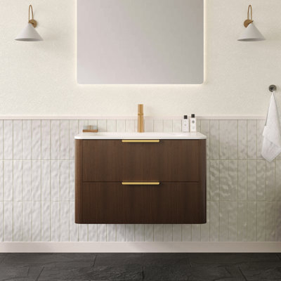 Meuble-lavabo de 30 po avec lavabo, armoire de rangement flottante en contreplaqué avec tiroirs, lavabo intégré en pierre frittée blanche Carrara