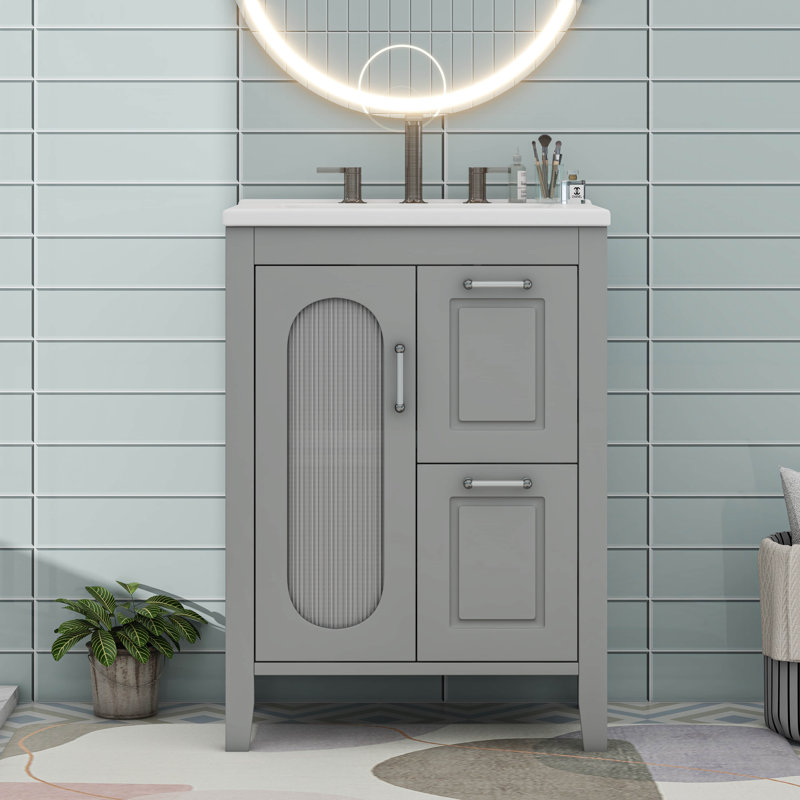 Meuble-lavabo avec tablette réglable et 2 tiroirs, Gris
