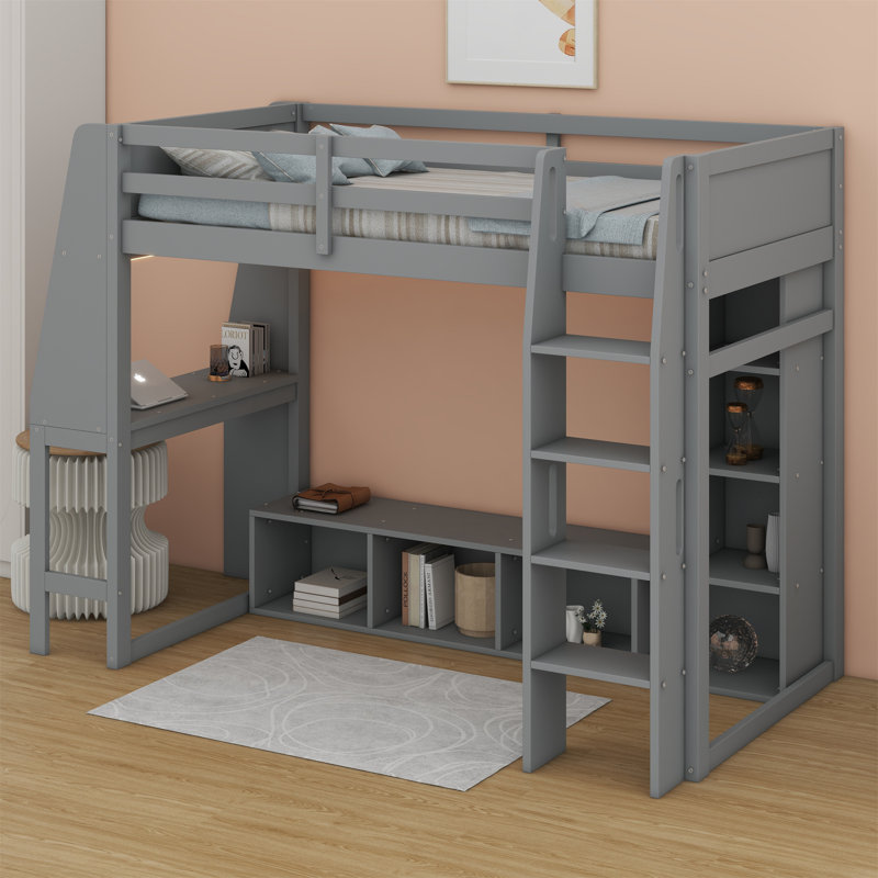 Lit mezzanine en bois avec bureau, étagères à rangement multiples, DEL et portemanteau suspendu