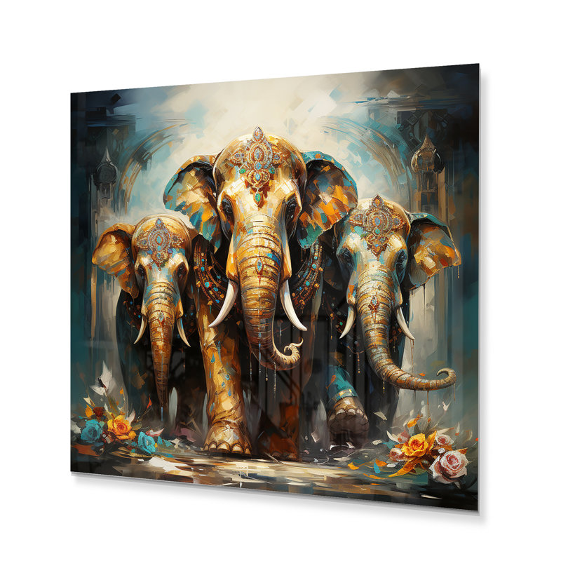 Art asiatique, éléphants thaïlandais X - Art mural asiatique en métal, H 16 po x l 16 po x P 1 po