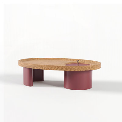 Oval Wood Coffee Table with Storage, Walnut Top with Red Legs