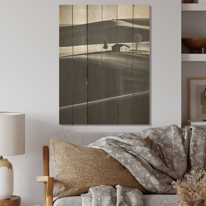Photo de prairie en noir et blanc - Art sur bois de pin naturel, H 20 po x l 10 po