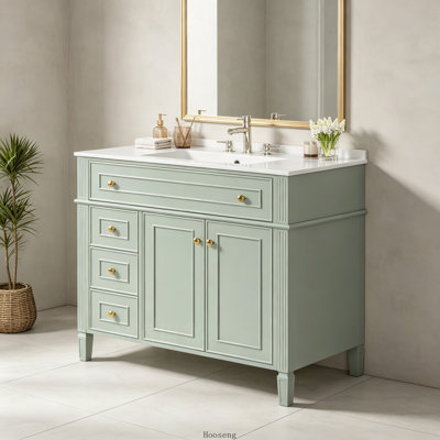 Meuble-lavabo de 36 po en bois massif vert avec tiroir rabattable, 3 tiroirs et 2 portes à fermeture en douceur, poignées dorées