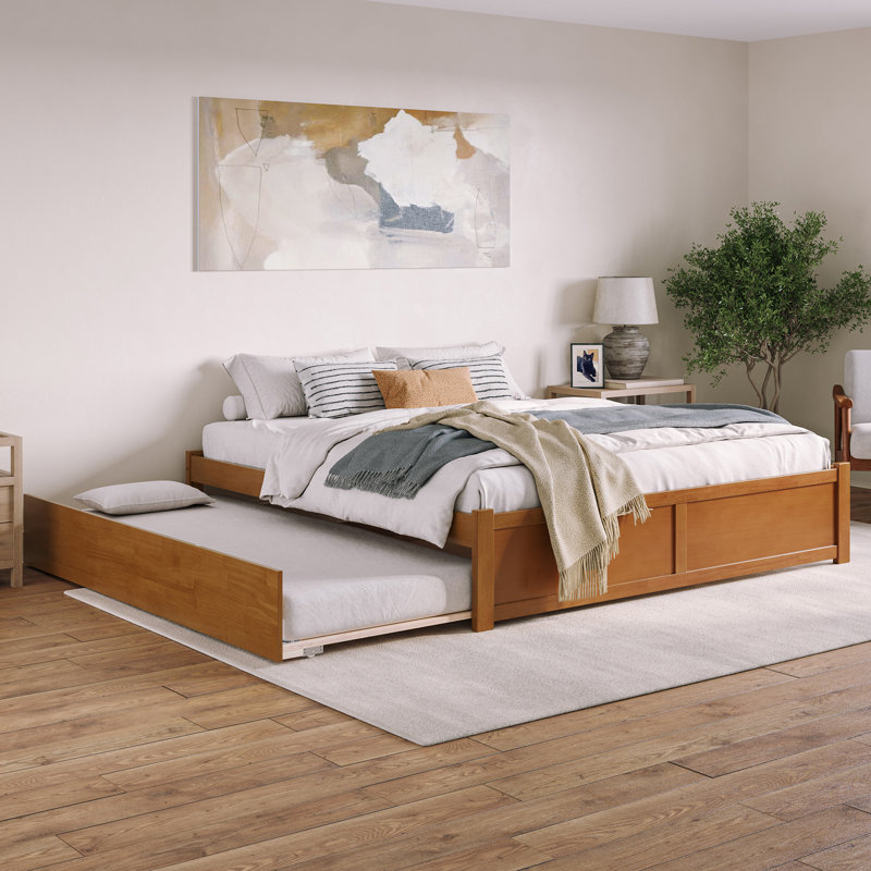 Concord Solid Wood Platform Bed with Footboard & Twin XL Trundle, King, Light Toffee