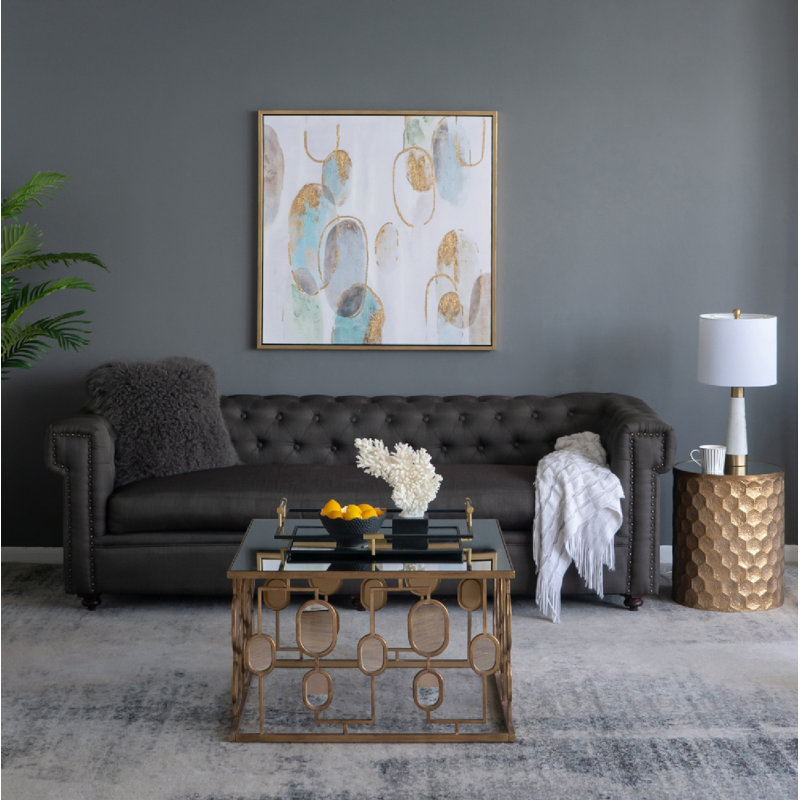 32 Inch Gold Geometric Iron and Glass Coffee Table