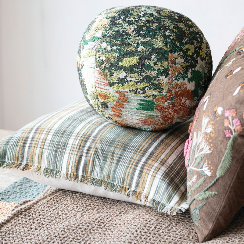 Fabric Printed Orb Pillow With Landscape And Embroidery