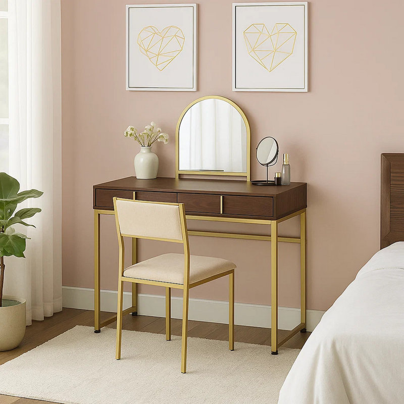 Bureau de coiffeuse avec miroir et cadre en métal ouvert, brun et doré