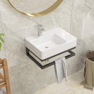 Lavabo de salle de bain mural 23,25 "x l 16,5" avec porte-serviettes en céramique blanche