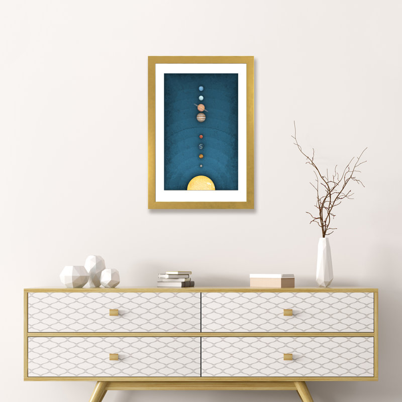Système solaire sur bleu I - impression, Papier encadré doré, Blanc, H 24 po x l 16 po x P 1 po
