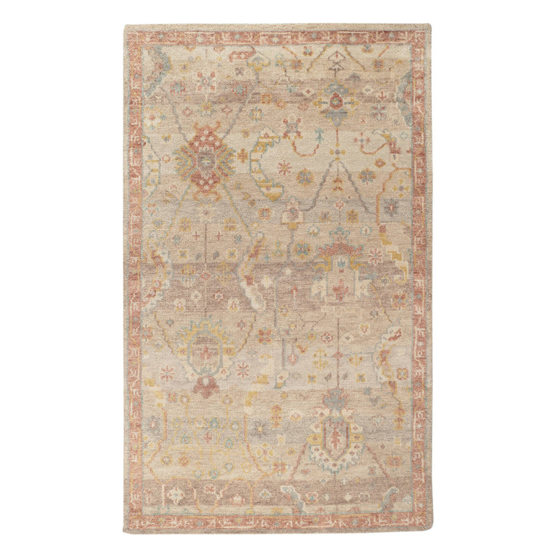 Nora Hand Knotted Wool Oriental Area Rug in Gray/Natural/Red, Rectangle 5' x 8'