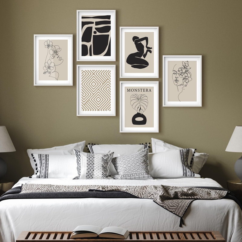 Art mural encadré, ensemble de décors de galerie, noir et brun clair, femme fleur, Monstera, formes abstraites, illustrations modernes, décoratives nordiques pour le salon, la chambre à coucher, le bureau