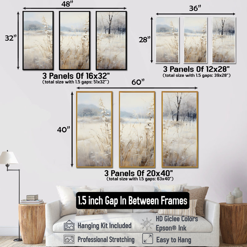 «Winter Meadow View Calmness I», art mural prairie, H 28 po x l 36 po x P 1 po, Cadre flottant noir