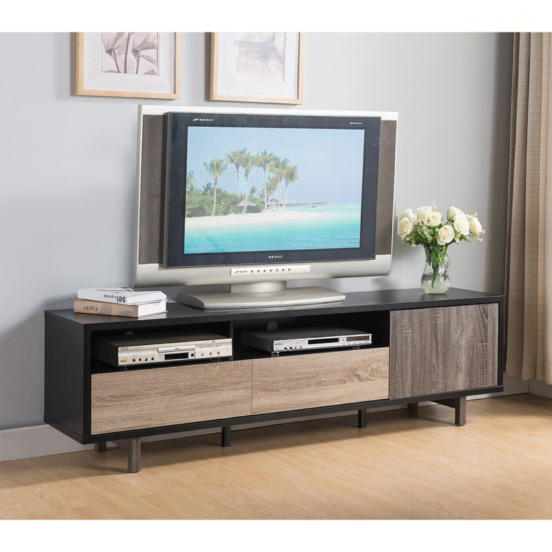 Meuble télé, 72 po de long, deux tiroirs et une porte, gris, support de 60 à 69 po, compatible avec un support