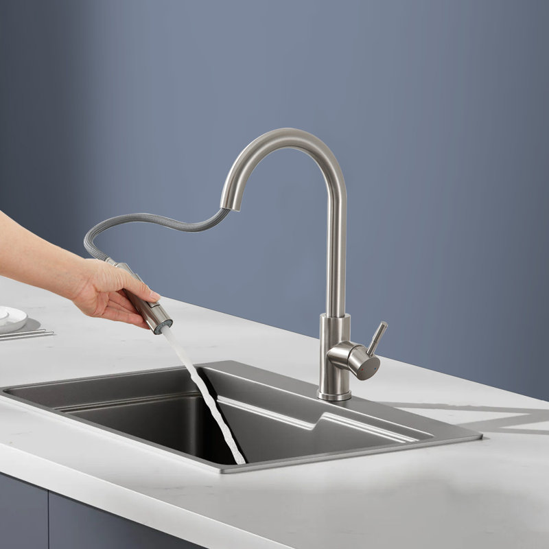 Robinet d'évier de cuisine à poignée simple rétractable en nickel brossé, Nickel brossé