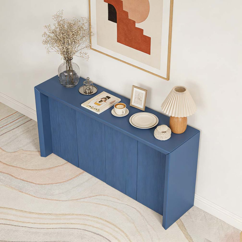 Wood Veneer Simple Entryway Table with Wavy Design, Navy Blue
