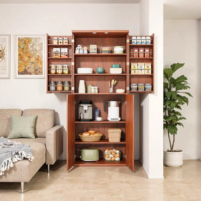 72" Tall Modern Fluted Wood Kitchen Pantry Cabinet with 6 Shelves, Oak Storage Cupboard for Kitchen Dining Room, 30"W x 15.75"D x 72"H by Latitude Run