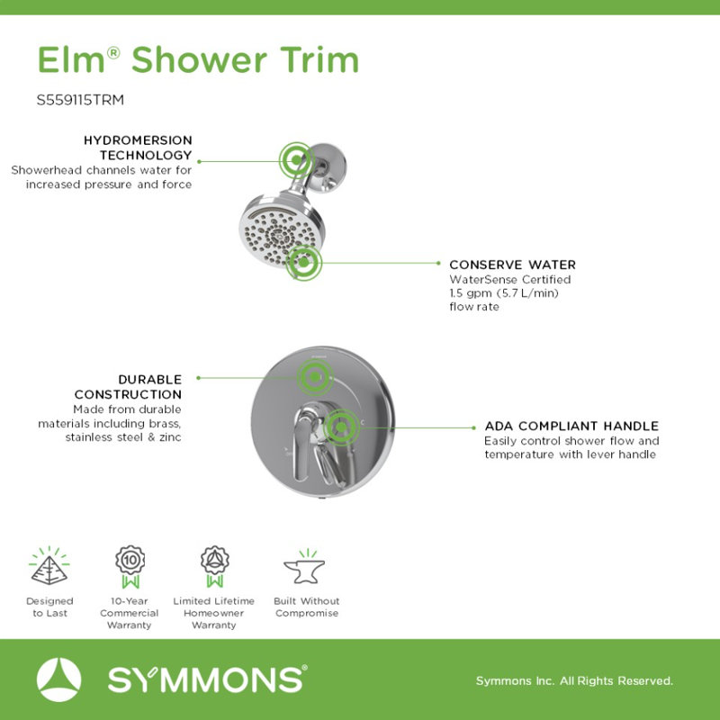 Ensemble de garniture de douche à fixation murale Elm avec contrôle de volume, Chrome poli