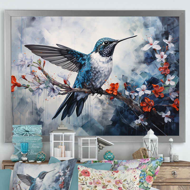 Colibri harmonie florale sur toile, H 34 po x l 44 po x P 1,5 po, Cadre simple argenté