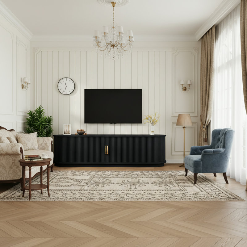 Meuble télé de style rétro avec plusieurs rangements pour téléviseurs jusqu'à 75 pouces, au design élégant