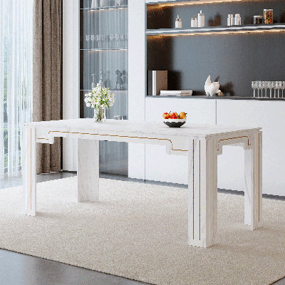 71" Rectangular Dining Table For 6-8, Faux Marble Finish Kitchen Table, Modern Dining Room Table With 4-Panel Top, Heavy Duty & Easy To Clean