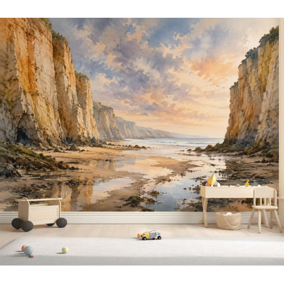 Papier peint adhésif à peler et coller, aquarelle, côtes, falaises, marée, entrée, paysage, tons de terre doux, papier autocollant amovible, décoration murale pour salon, chambre à coucher H 69 po x l 96 po