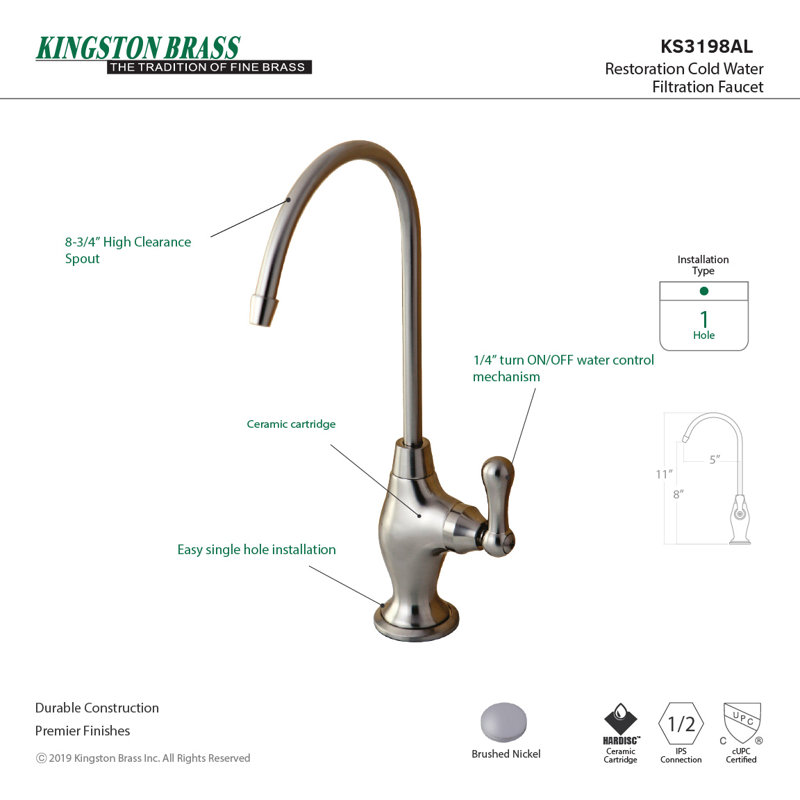 Kingston Brass Restoration Single-Handle 1-Hole Deck Mount Water Filtration Faucet, Brushed Nickel