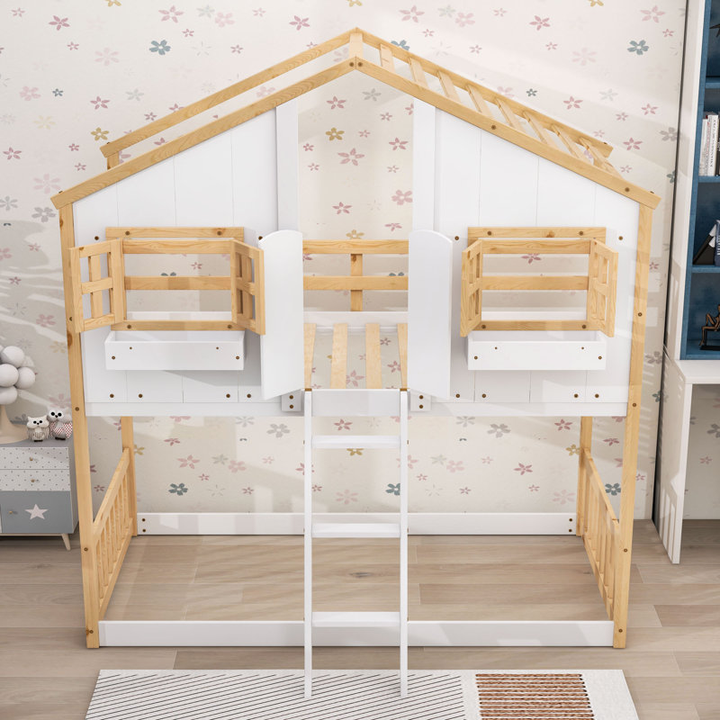 Lit simple superposé simple en bois avec échelle, fenêtres décoratives et porte, Naturel / Blanc