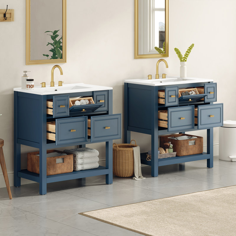 Ensemble de meuble-lavabo 60 po avec lavabo en céramique (séparé), ensemble de meuble-lavabo sur pied simple avec tiroirs, armoire de rangement en bois massif