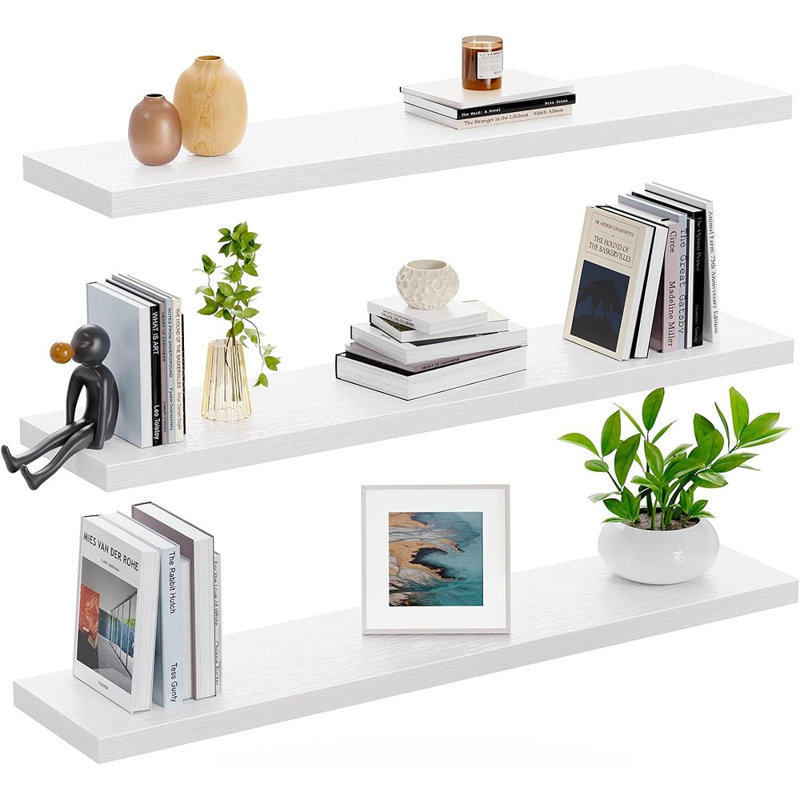 White Floating Wall Shelves Set Of 3, 23.6" Shelves With Invisible Brackets