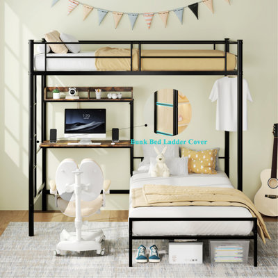Lit superposé avec bureau et station de charge, lit superposé en métal en L avec tablettes de rangement, lit mezzanine avec barrière de sécurité et échelle